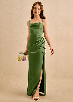Azazie Bundt Girls Formal Robe Demoiselle D'honneur Fillette Robe Trapèze en Satin extensible Plissée Genévrier image5