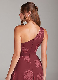 Azazie Brooke Bridesmaid Dresses Burgundy Floral Bouquet A-Line One Shoulder Stretch Satin Dress image2