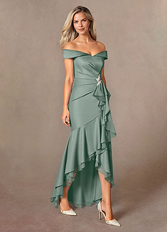 Azazie Billings Mother of the Bride Dresses Silver Sage Mermaid Off the Shoulder Stretch Satin Dress image5