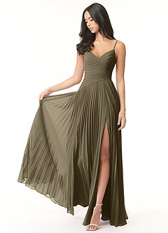 Azazie Vini Bridesmaid Dresses Willow Green A-Line V-Neck Pleated Chiffon Dress image1