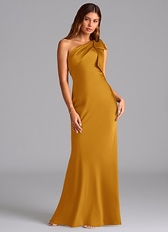 Azazie Yuanna Bridesmaid Dresses Butterscotch Mermaid One Shoulder Stretch Satin Dress image3