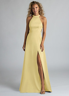 Azazie Clarice Bridesmaid Dresses Lemon Sorbet A-Line High Neck Stretch Satin Dress image4