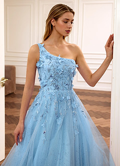 Felicite Sky Blue Floral A-line Tulle Sequin One Shoulder Glitter Prom Dress image3