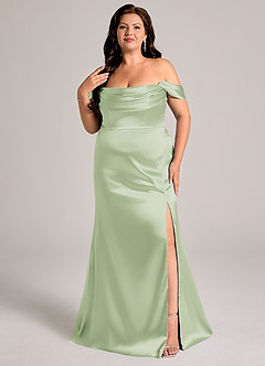 Azazie Saige Bridesmaid Dresses Dusty Sage Sheath Off the Shoulder Metallic Satin Convertible Dress image11