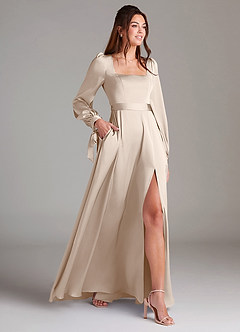 Azazie Leonia Bridesmaid Dresses White Alabaster A-Line Long Sleeve Stretch Satin Dress image4