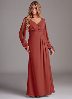 Azazie Matilda Bridesmaid Dresses Terracotta A-Line Long Sleeve Chiffon Dress image4