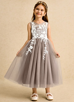 Azazie Sundae Flower Girl Dresses Taupe Ball-Gown Lace Dress image6