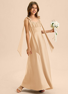 Azazie Halley Junior Vestido de Oro de Satén Elástico de Corte en A con Lazo image5