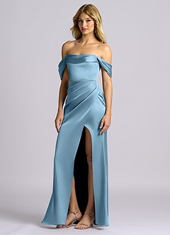 Azazie Auden Bridesmaid Dresses Steel Blue Sheath Off the Shoulder Stretch Satin Convertible Dress image4