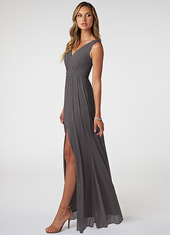 Azazie Tanicia Bridesmaid Dresses Steel Grey A-Line V-Neck Pleated Mesh Dress image3