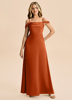 Azazie Lettie Junior A-Line Off-Shoulder Stræk satin Gulv-længde Junior brudepige Kjole image4