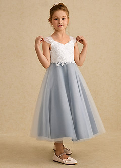 Azazie Momo vestidos de niña de las flores Vestido de Marfil Azul Petróleo de Encaje de Corte En A image5