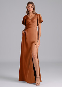Azazie Ambrosia Bridesmaid Dresses Copper A-Line Pleated Stretch Satin Dress image6