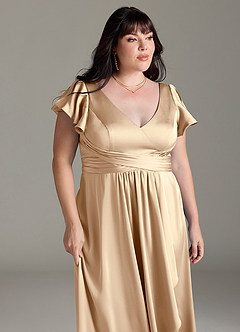 Azazie Omari Robes de demoiselle d'honneur Robe Trapèze en Satin extensible Champagne image12