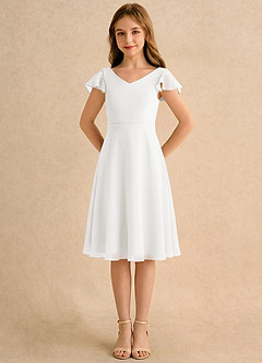 Azazie Narin Girls Formal Sukienki dla dziewczynek sypiących kwiaty Linia A z rękawami Szyfon Długość do kolan Sukienka image5