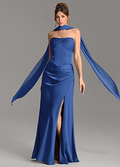Azazie Nicki Bridesmaid Dresses Royal Blue Sheath Corset Stretch Satin Dress image3