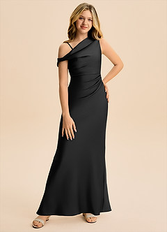 Azazie Emerson Junior Black Sheath Off the Shoulder Stretch Satin Dress image1