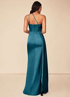 Azazie Maron Bridesmaid Dresses Ink Blue A-Line One Shoulder Stretch Satin Dress image2