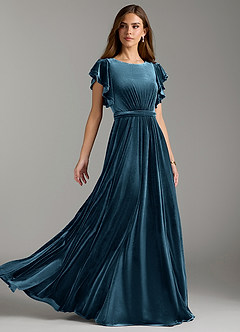 Azazie Daphne Modest Bridesmaid Dresses A-Line Velvet Floor-Length Dress with Belt image1