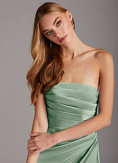 Azazie Lexie At-home Try On Dresses Agave Sheath Strapless Stretch Satin Convertible Dress image6