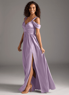Azazie Lianne Bridesmaid Dresses Frosted Lilac A-Line Off the Shoulder Stretch Satin Dress image13