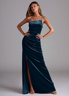 Azazie Eren Jurken voor bruidsmeisjes Jurk van flueel met Kolom One-Shoulder Blauwe Topaas image4