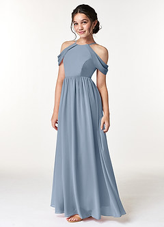 Azazie Seneca Junior Abito A-Line in Chiffon a Spalla Scoperta Blu Polveroso image5