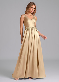 Azazie Keyla Robes de demoiselle d'honneur Robe Trapèze en Satin extensible Plissée Champagne image6