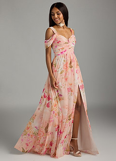Azazie Lianne Jurken voor bruidsmeisjes Jurk van Chiffon met A-Lijn Off the Shoulder Abstract Boeket Bloemen image4