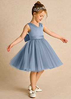 Azazie Tadpole Flower Girl Dresses Dusty Blue A-Line Pleated Matte Satin Dress image3