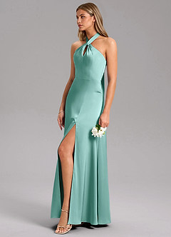 Azazie Tracie Bridesmaid Dresses Aqua A-Line Side Slit Stretch Satin Dress image6