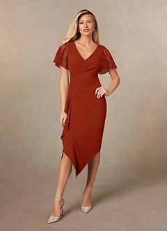 Azazie Eloise Mother of the Bride Dresses Rust Sheath Pleated Stretch Crepe Dress image1