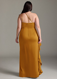 Azazie Latrice Bridesmaid Dresses Butterscotch Sheath One Shoulder Cascading Ruffles Stretch Satin Dress image7