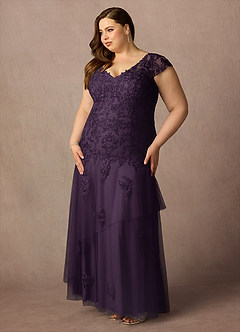 Azazie Romy Mother of the Bride Dresses Plum Mermaid V-Neck Sequins Tulle Dress image9