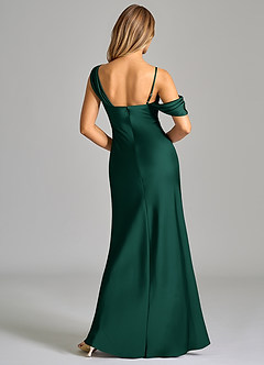 Azazie Celina Bridesmaid Dresses Emerald Sheath Off the Shoulder Stretch Satin Dress image2