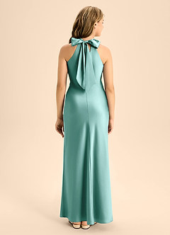 Azazie Doretta Junior Aqua A-Line Pleated Stretch Satin Dress image2