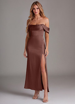 Azazie Saige Robes de demoiselle d'honneur Robe Sirène en Satin extensible Épaule décolletée Expresso image3