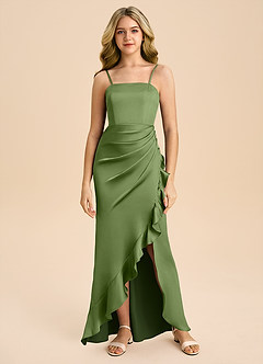 Azazie Buzzy Junior Robe Fourreau en Satin extensible Plissée Genévrier image3