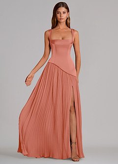 Azazie Stephanie Vestidos de damas de honor Vestido de Rosa Salmón de Satén Elástico de Corte en A con Plisado image4
