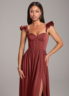 Azazie Denisse Robes de demoiselle d'honneur Robe Trapèze en Satin extensible Drapé Terracotta image6