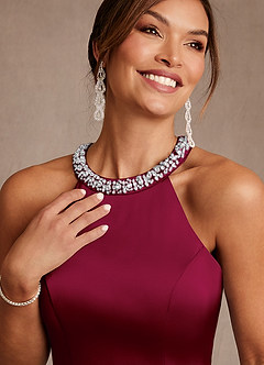 Azazie Lawrence Mother of the Bride Dresses Burgundy A-Line Pleated Stretch Satin Dress image7