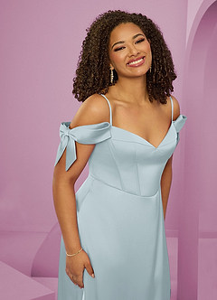 Barbie ♥ Azazie Bridesmaid Dresses Mist A-Line Off the Shoulder Stretch Satin Dress image7