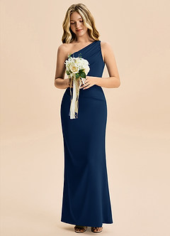 Azazie Akilah Junior Vestido Azul Marinho de Cetim elástico de Bainha com Plissado image4