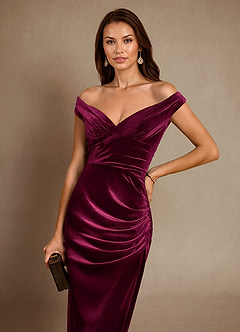 Azazie Nabila vestidos de madre de la novia Vestido de Cabernet de terciopelo de Columna con Vestidos sin tirantes image6