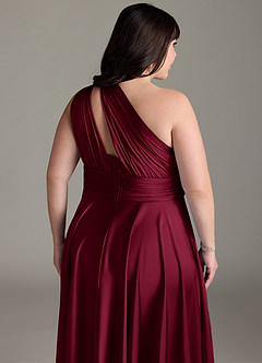 Azazie Charlize Bridesmaid Dresses Burgundy A-Line One Shoulder Stretch Satin Dress image16