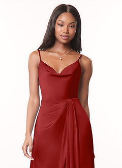 Azazie Brielle Robes de demoiselle d'honneur Robe Trapèze en Satin extensible Bretelles spaghetti Grenade image4