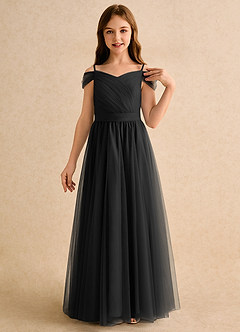 Azazie Yuna Girls Formal Robe Demoiselle D'honneur Fillette Robe Trapèze en Tulle Épaule décolletée Noir image6