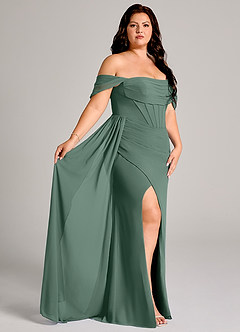 Azazie Amyra Bridesmaid Dresses Sea Moss Sheath Off the Shoulder Chiffon Convertible Dress image11