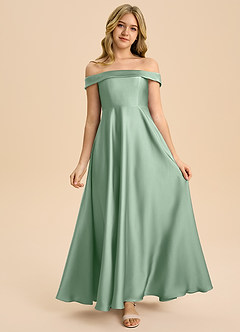 Azazie Sissy Junior Abito A-Line in Raso Elasticizzato a Spalla Scoperta Agave image4