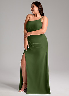 Azazie Eren Robes de demoiselle d'honneur Robe Fourreau en Mousseline de soie Ue épaule Olive image11